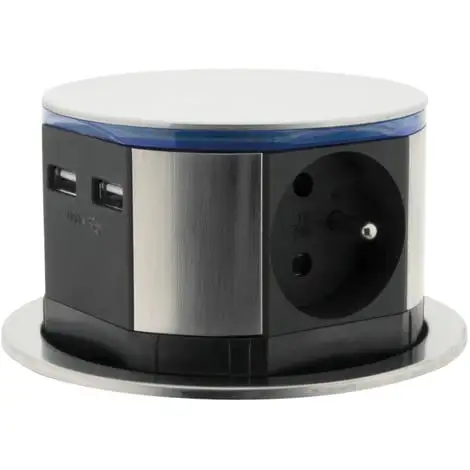 Bloc Multiprise Encastrable Compact LED 3 Prises 16A 2P+T & 2x USB - Finition Inox - Otio 1 Bloc Multiprise Encastrable Compact LED 3 Prises 16A 2P+T & 2x USB - Finition Inox - Otio