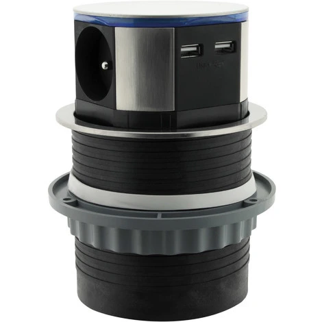 Bloc Multiprise Encastrable Compact LED 3 Prises 16A 2P+T & 2x USB - Finition Inox - Otio 2 Bloc Multiprise Encastrable Compact LED 3 Prises 16A 2P+T & 2x USB - Finition Inox - Otio – Image 2